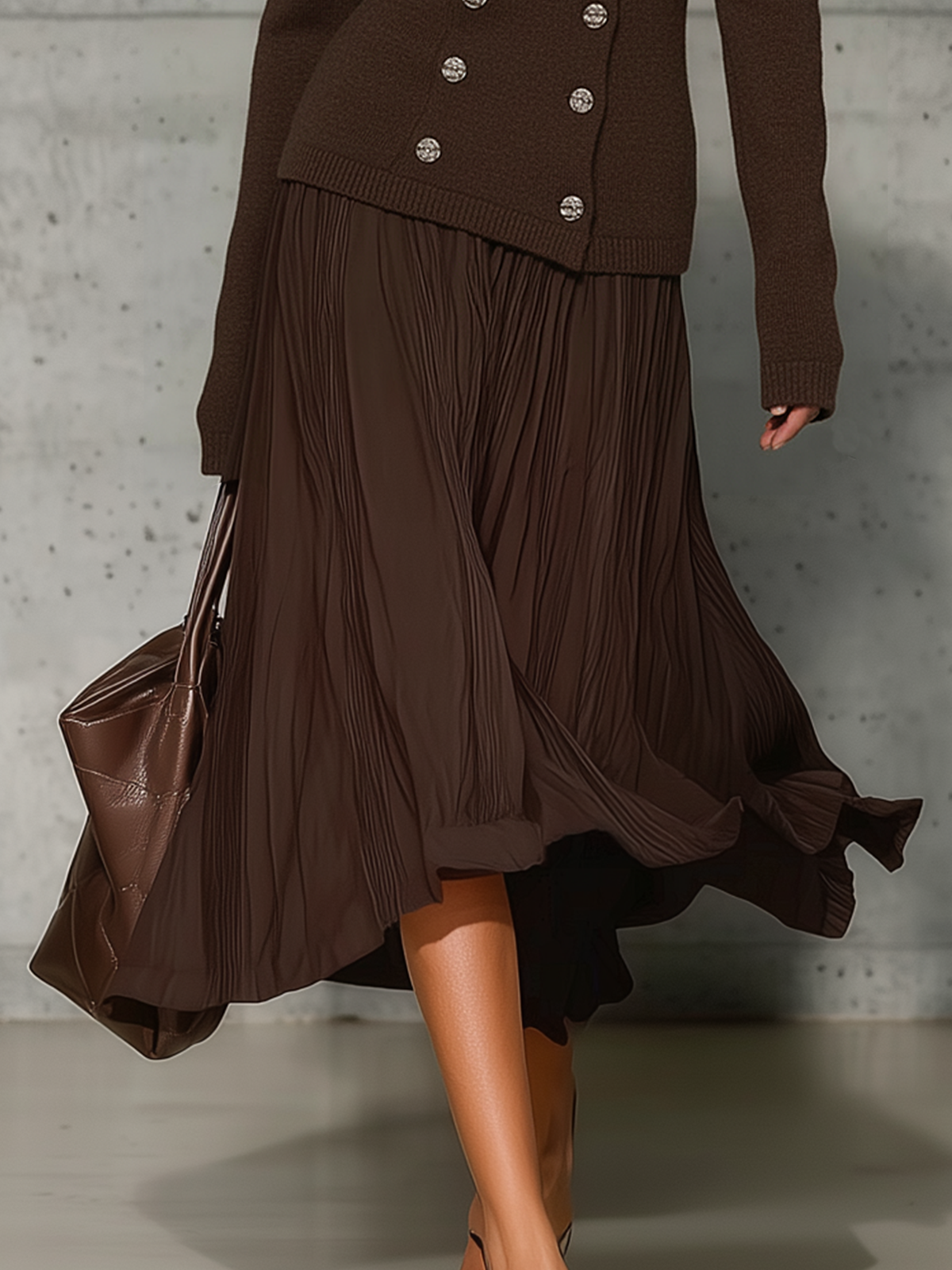 Brown Off-Shoulder Knit Buttoned Midi Dress
