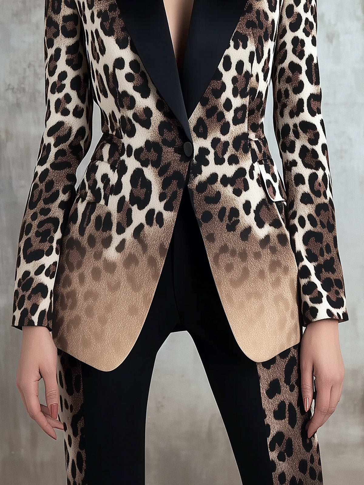 Brown Ombre Leopard Print Slim Fit Lapel Long Sleeve Hip Length Blazer