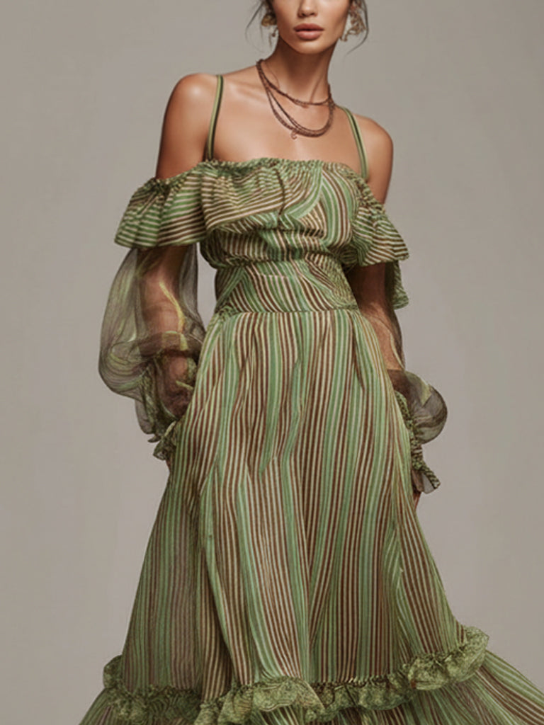 Green Striped Chiffon Off Shoulder Maxi Dress