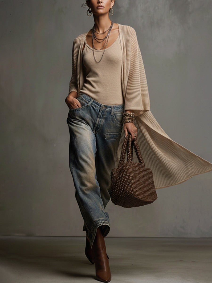 Light Khaki Knit Camisole And Sheer Cardigan Set