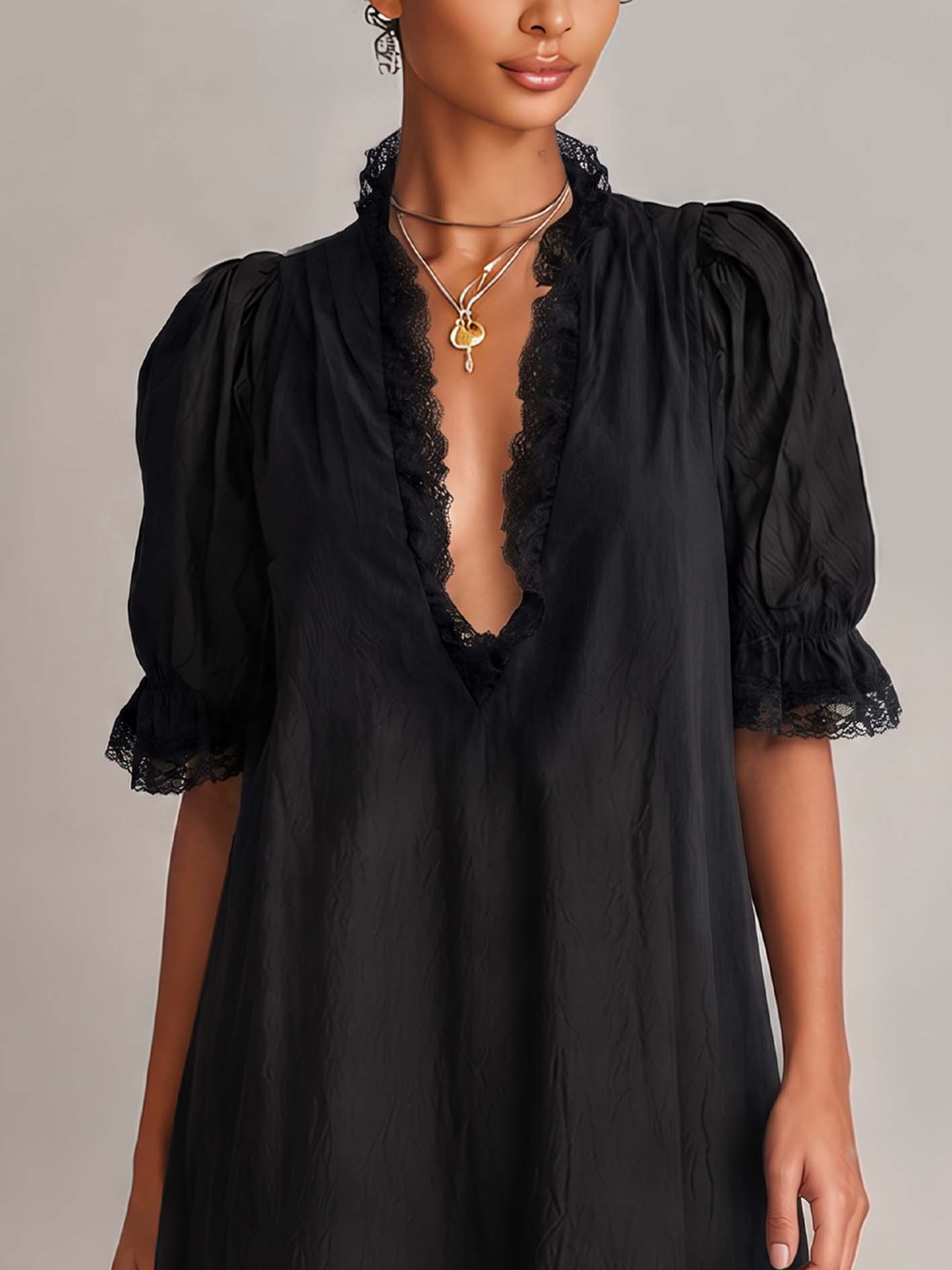 Black Textured Lace Trim Irregular Hem Puff Sleeve Mini Dress