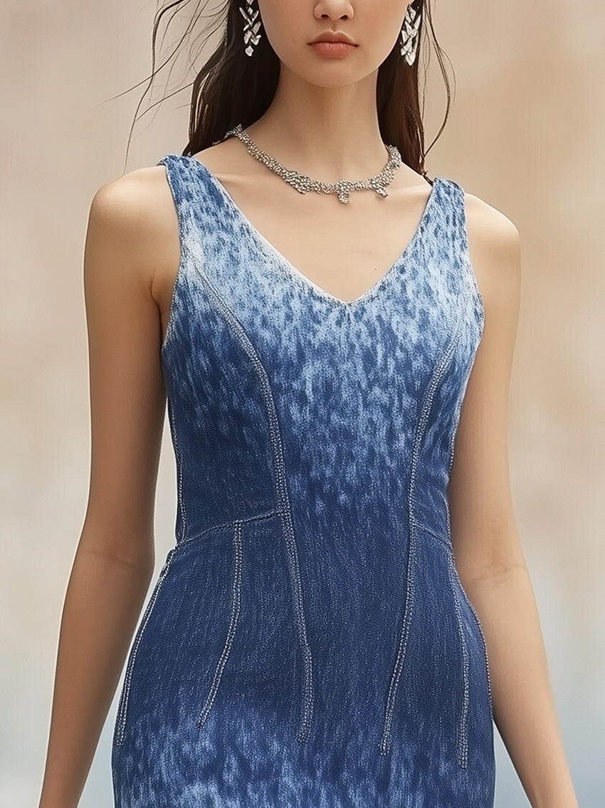 Sleeveless Denim Midi Bodycon Dress With White Gradient Pattern