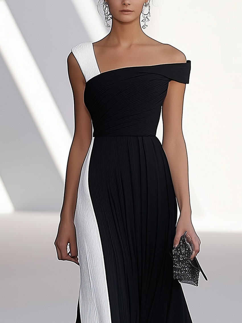 One Shoulder Stitching Color Block Black Maxi Dress