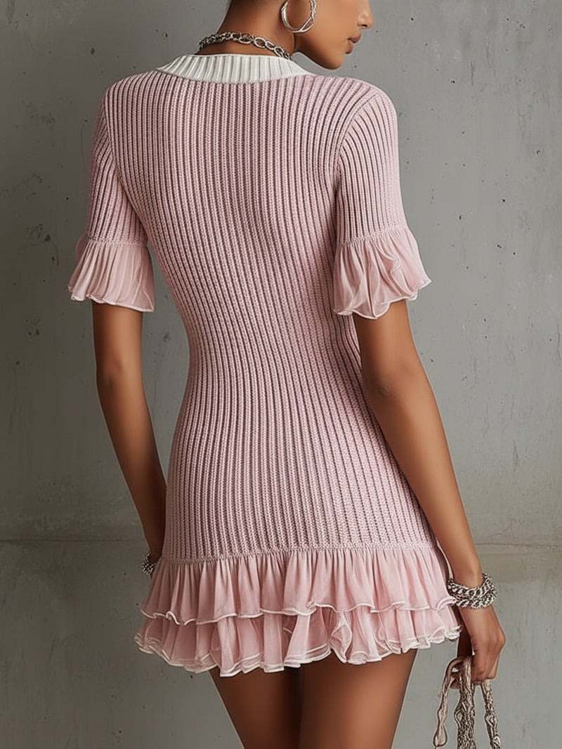 Pink Knit Mini Dress With Deep V-Neck And Ruffled Hem