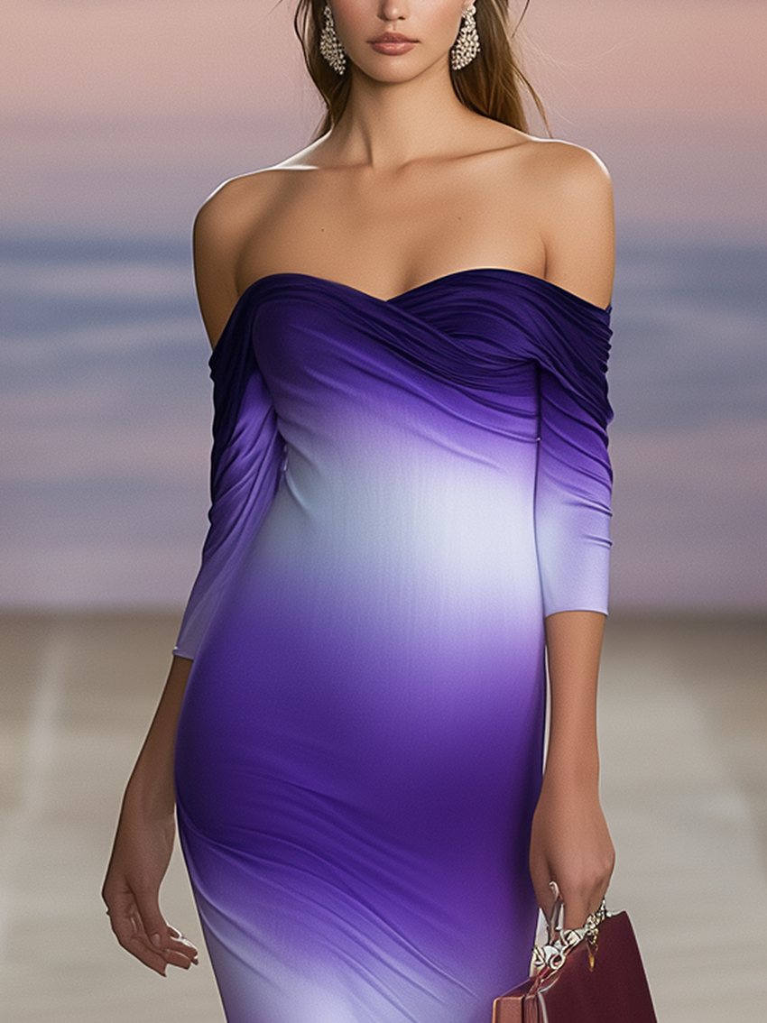 Off Shoulder Maxi Dress With Purple Gradient Print