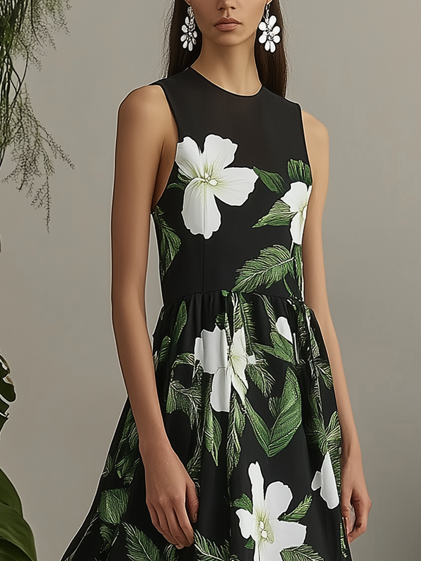 Black Midi Dress With Elegant Flower Print With Ruffle Trim