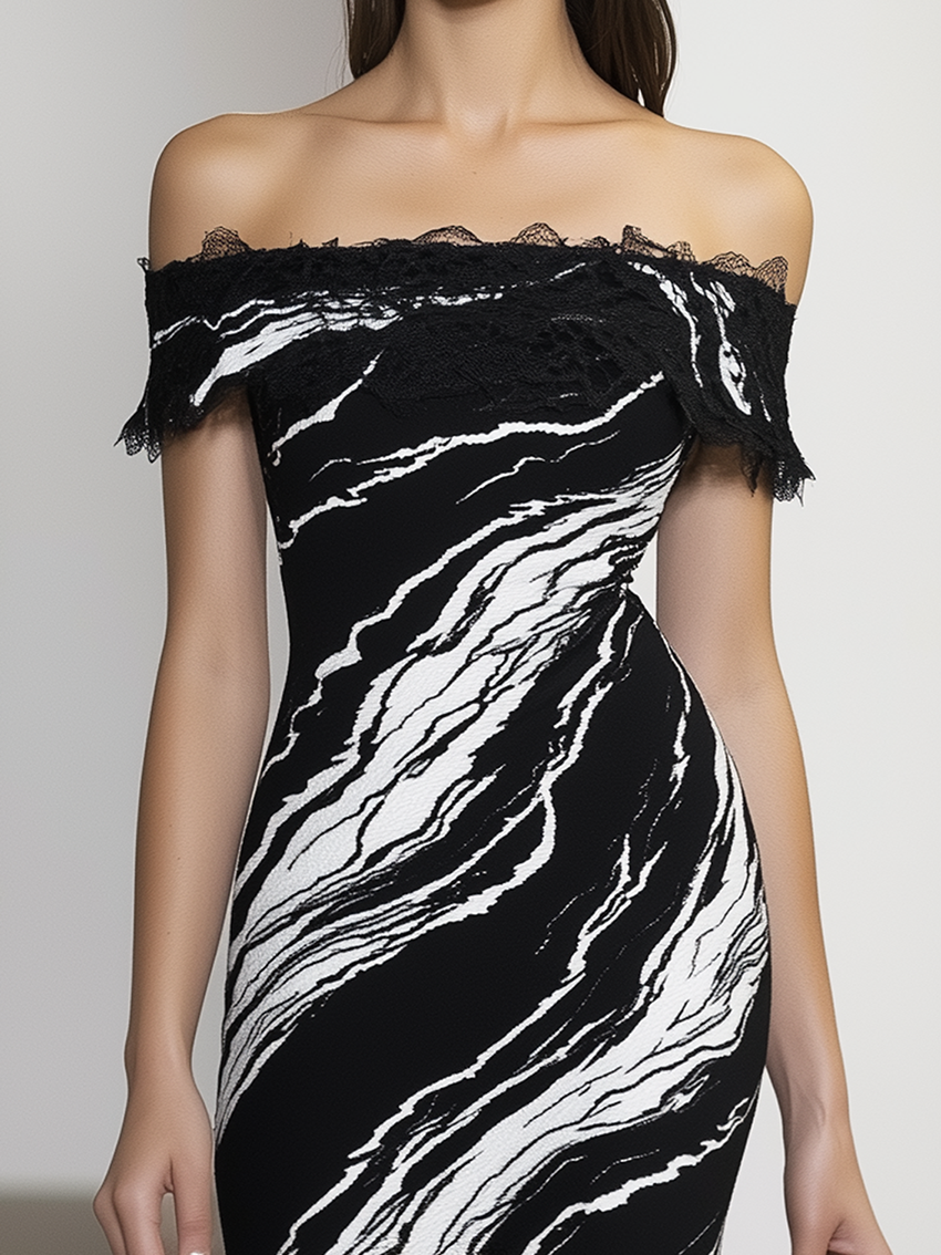 Off Shoulder Black Mdi Bodycon Dress With Print And Lace