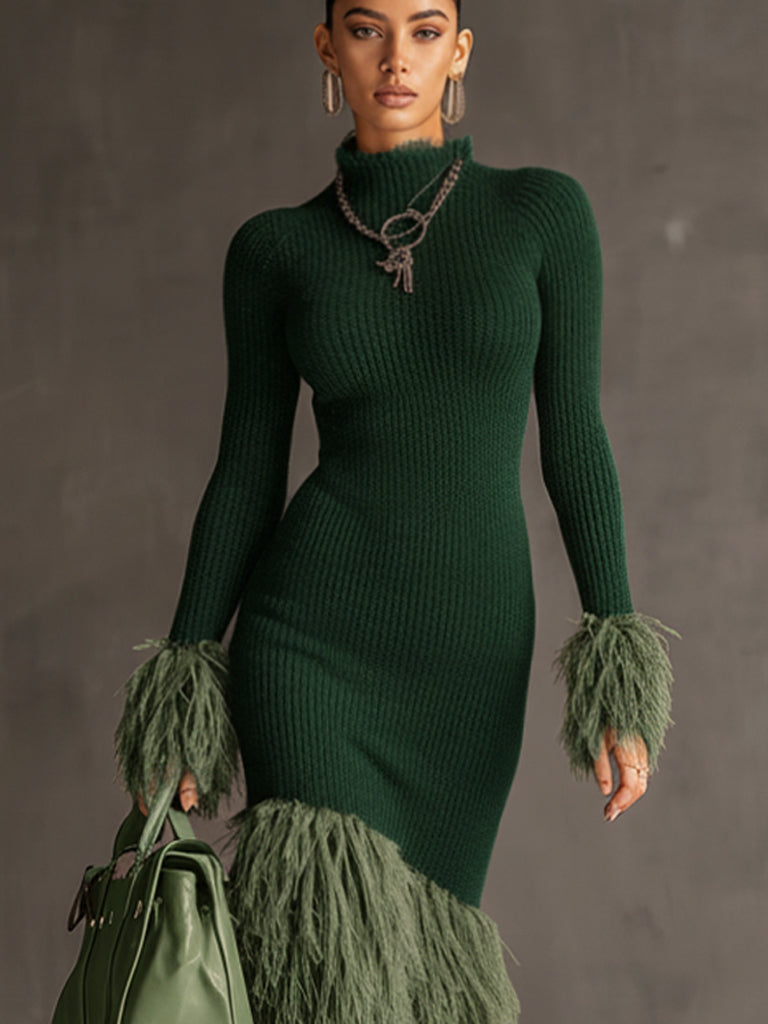Emerald Knit Patchwork Eco Faux Fur Long Sleeve Bodycon Dress