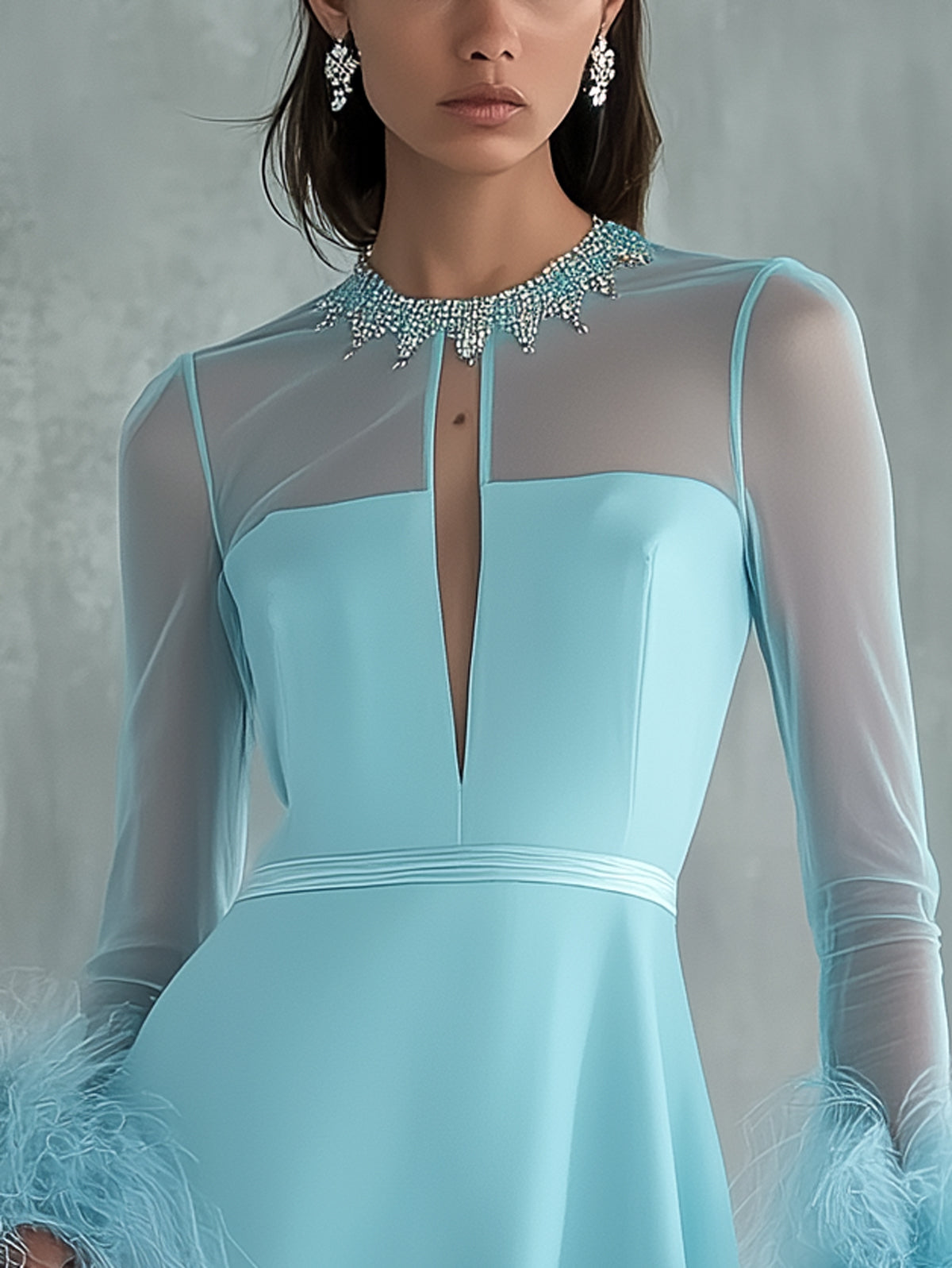 Blue Mesh Feather Cuff Plunge Illusion Long Sleeve Mini Dress