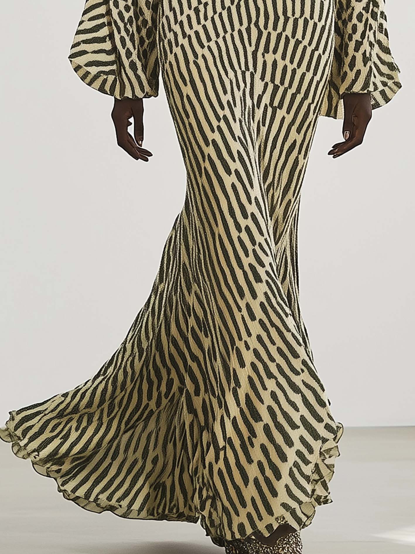 Beige Maxi Dress With Dark Green Print