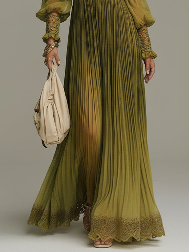 Olive Pleated Off Shoulder Chiffon Maxi Dress