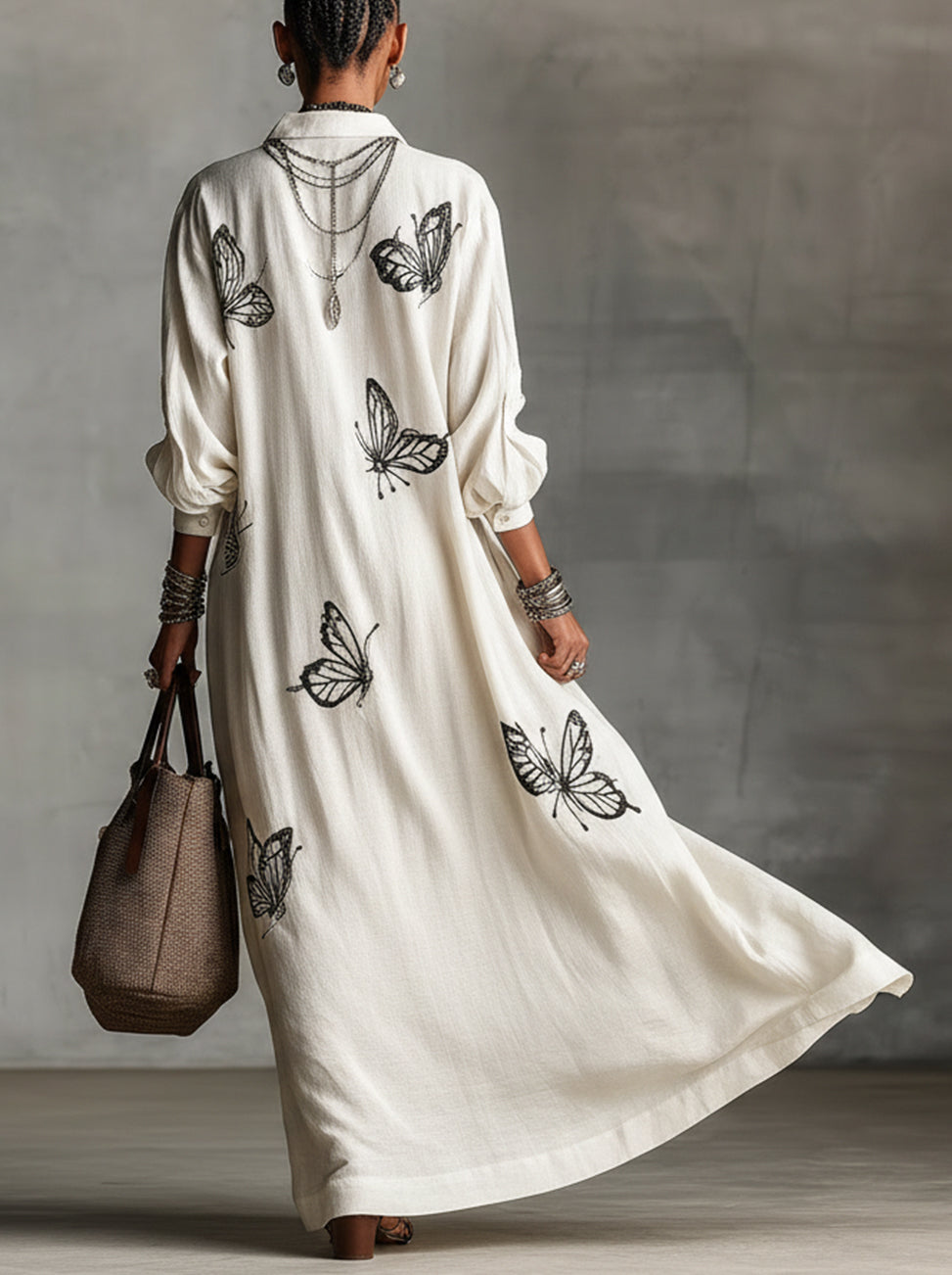Ivory Colored Dress With Butterfly Embroidery