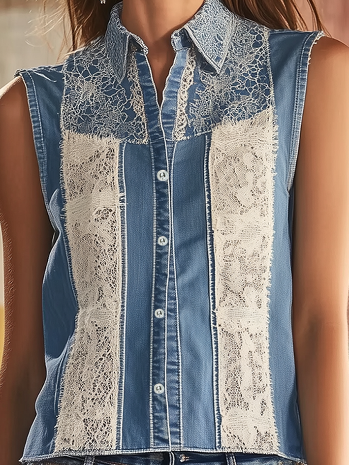Sleeveless Denim Blouse With White Lace Stitching