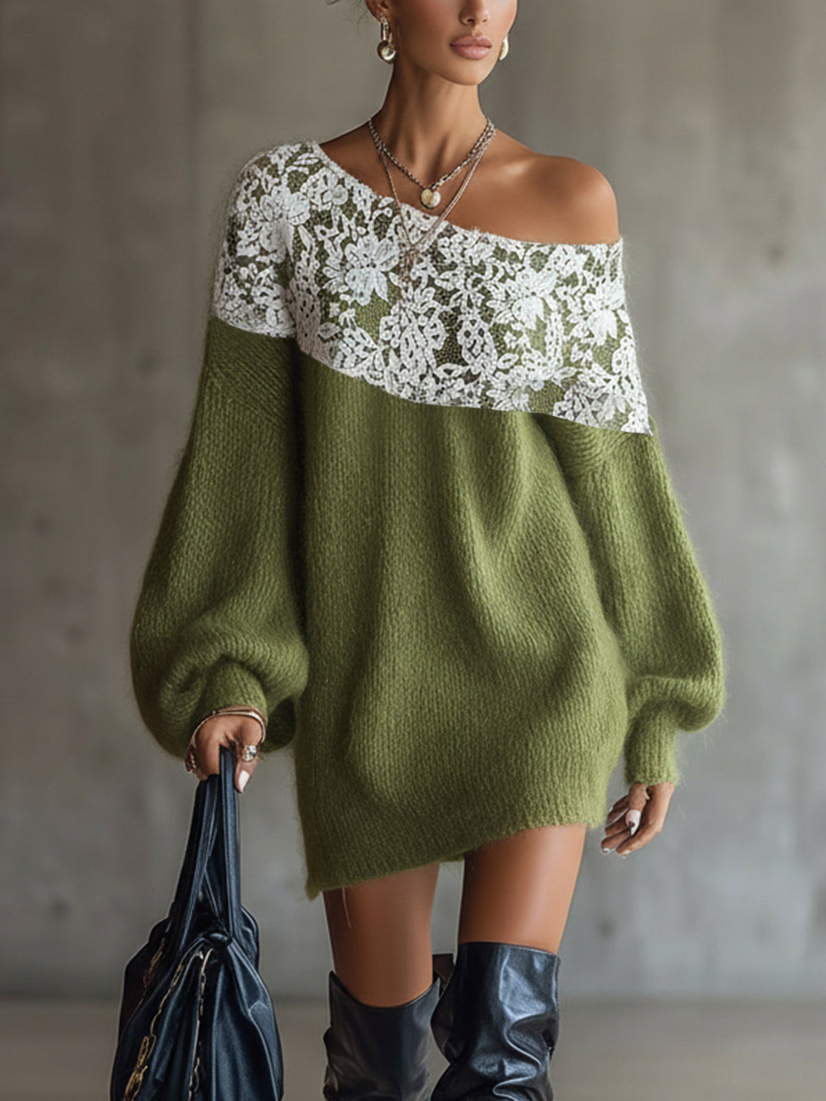 Green Off-Shoulder Knit Mini Dress With White Lace Yoke