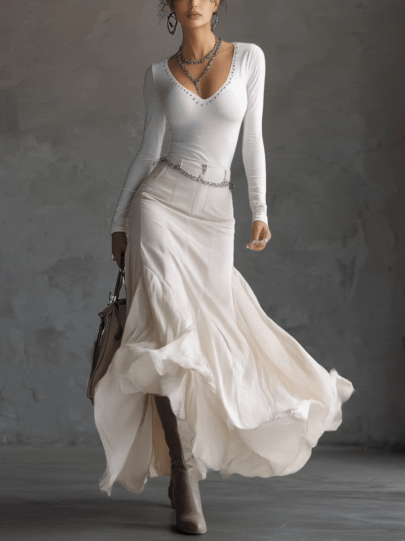 White Stretch Fabric Studded Collar Blended Fabric Skirt Suit