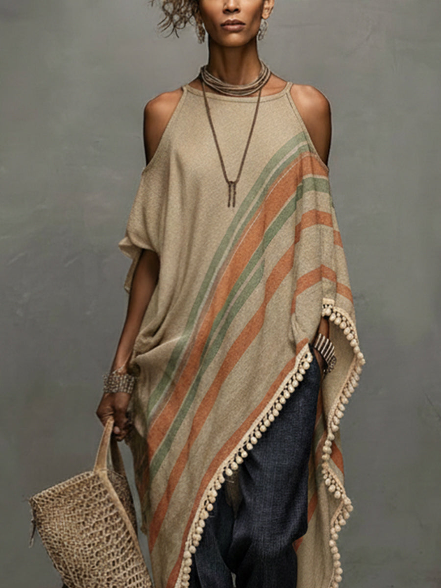 Khaki Linen Blend Printed Off Shoulder Dress With Fringe Hem