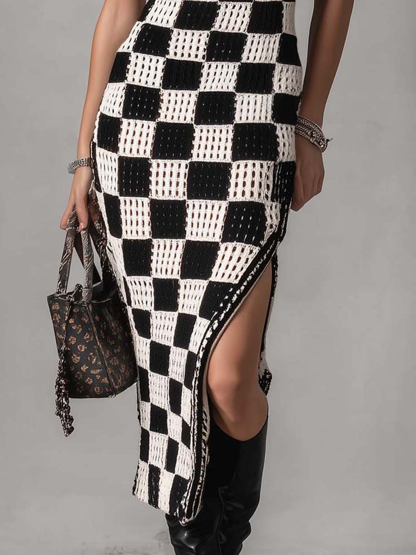 Black Checkered Textured Knit Bodycon Dress With Side Slit