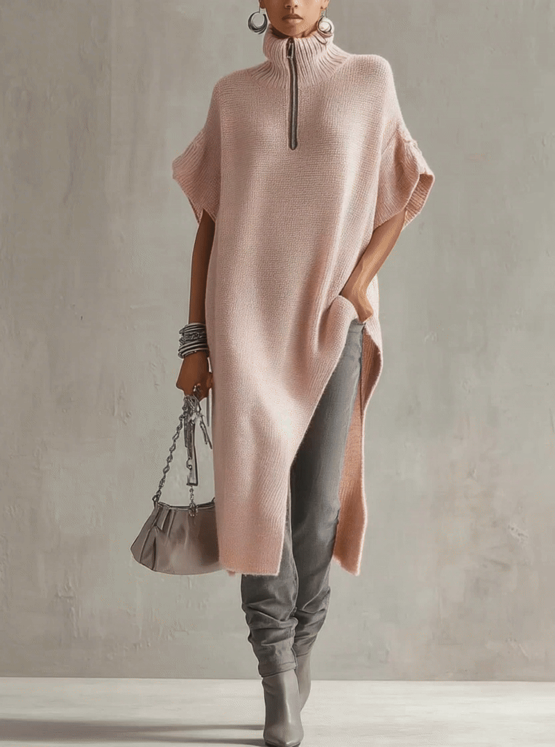 Pink Turtleneck Zip Split Side Knit Midi Dress