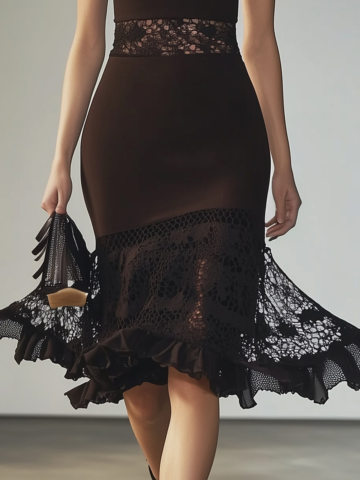 Black Lace Panel Sheer Detail Crew Neck Sleeveless Midi Dress