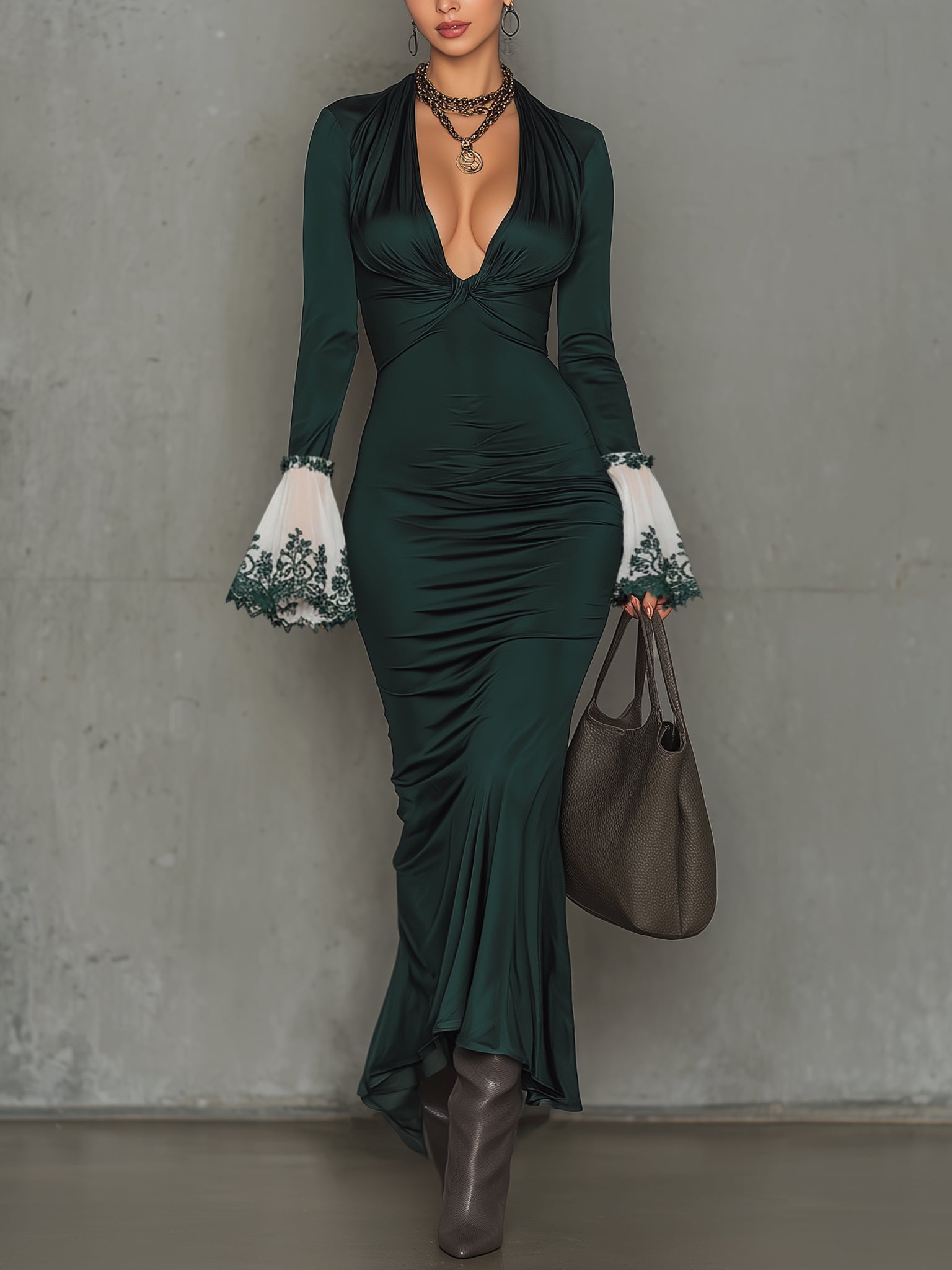 Emerald Satin Embroidered Cuff Long Sleeve Maxi Dress