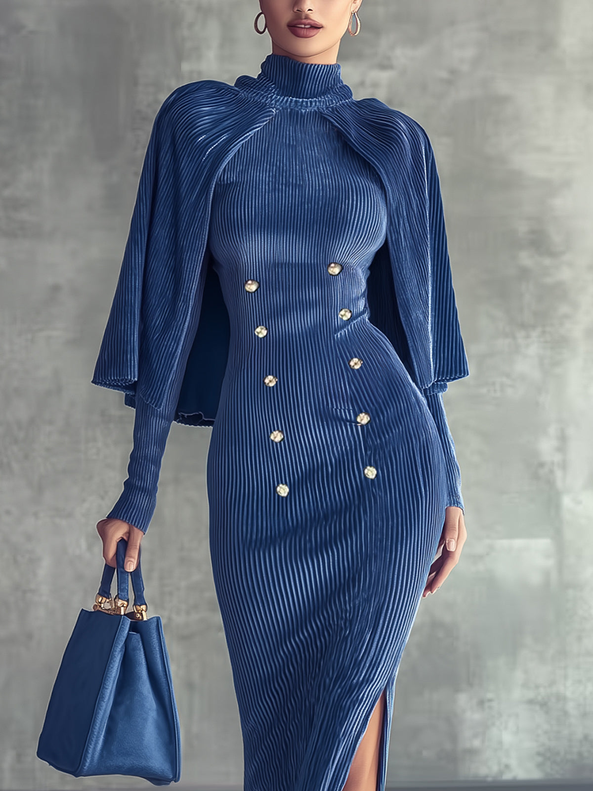 Blue Velvet Cape Bodycon Dress With Silver Button Detail
