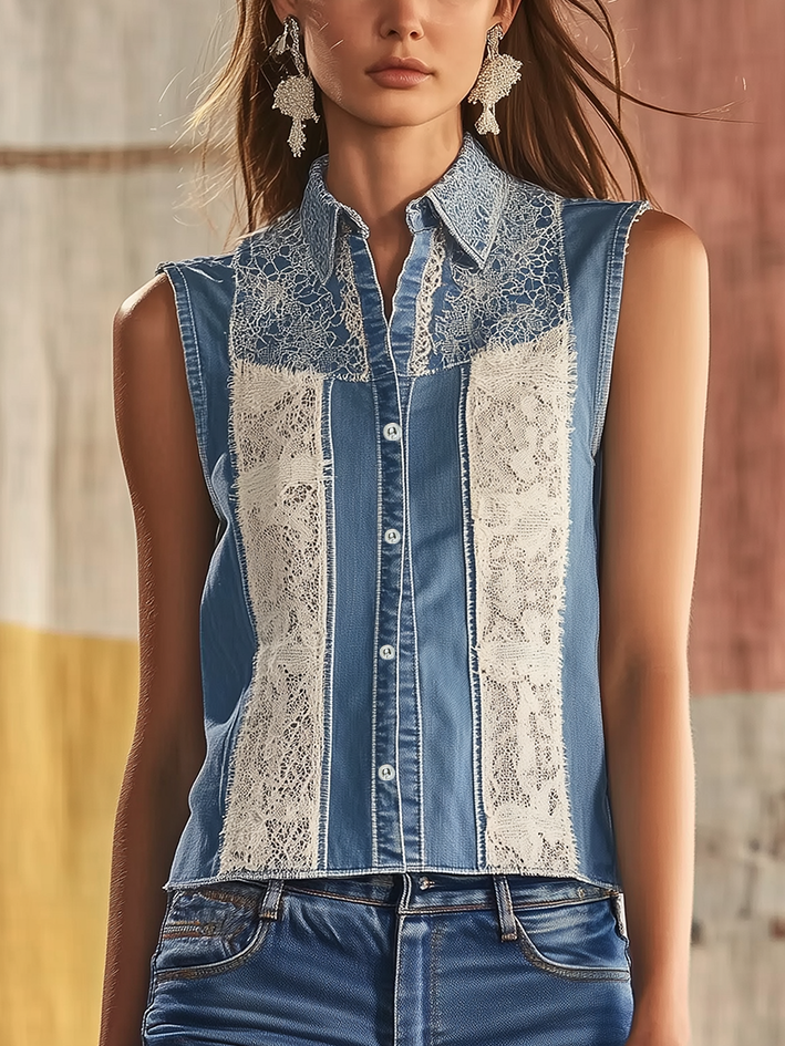Sleeveless Denim Blouse With White Lace Stitching