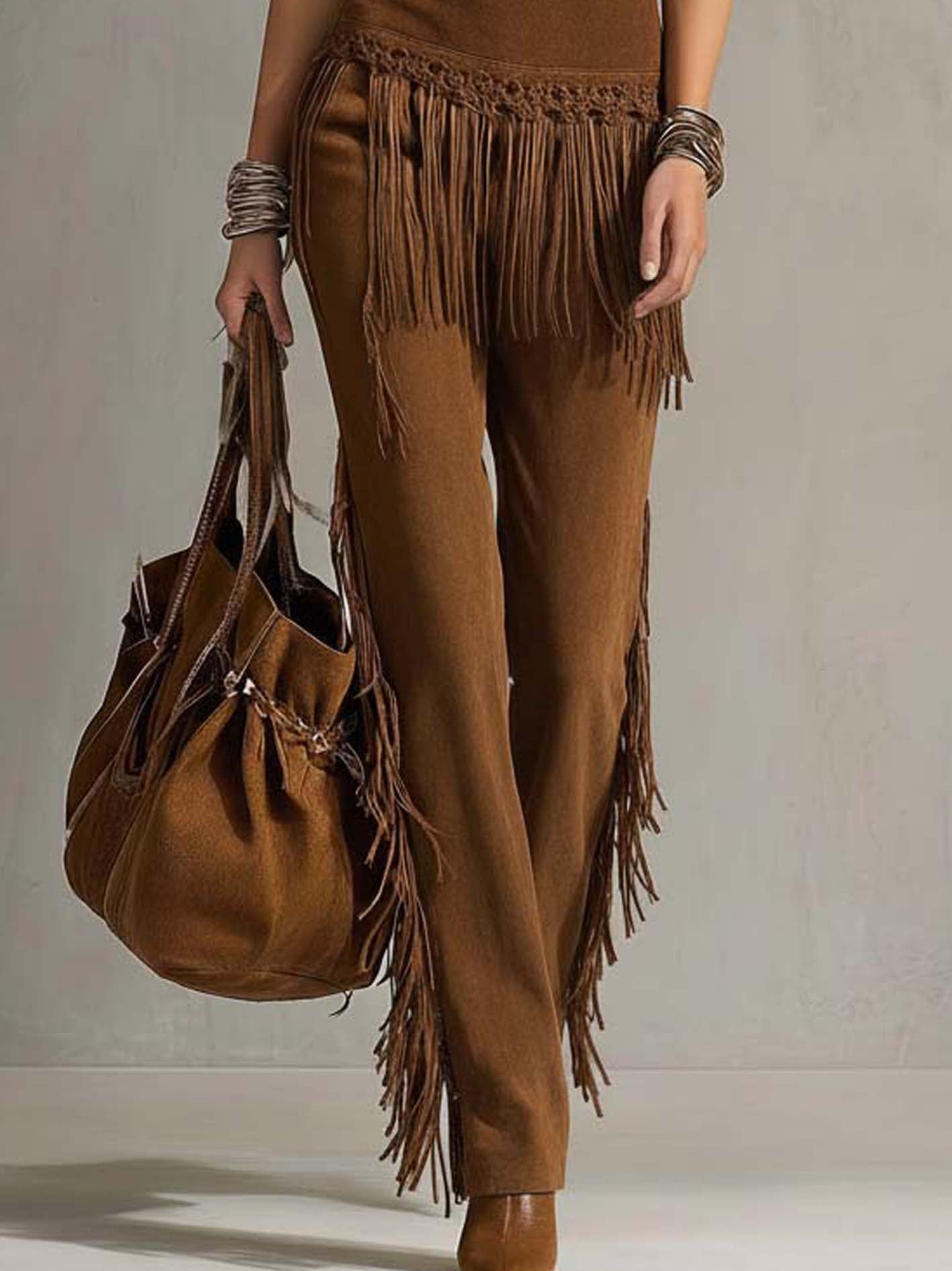 Brown Faux Suede Fringe Trim Two-Piece Set