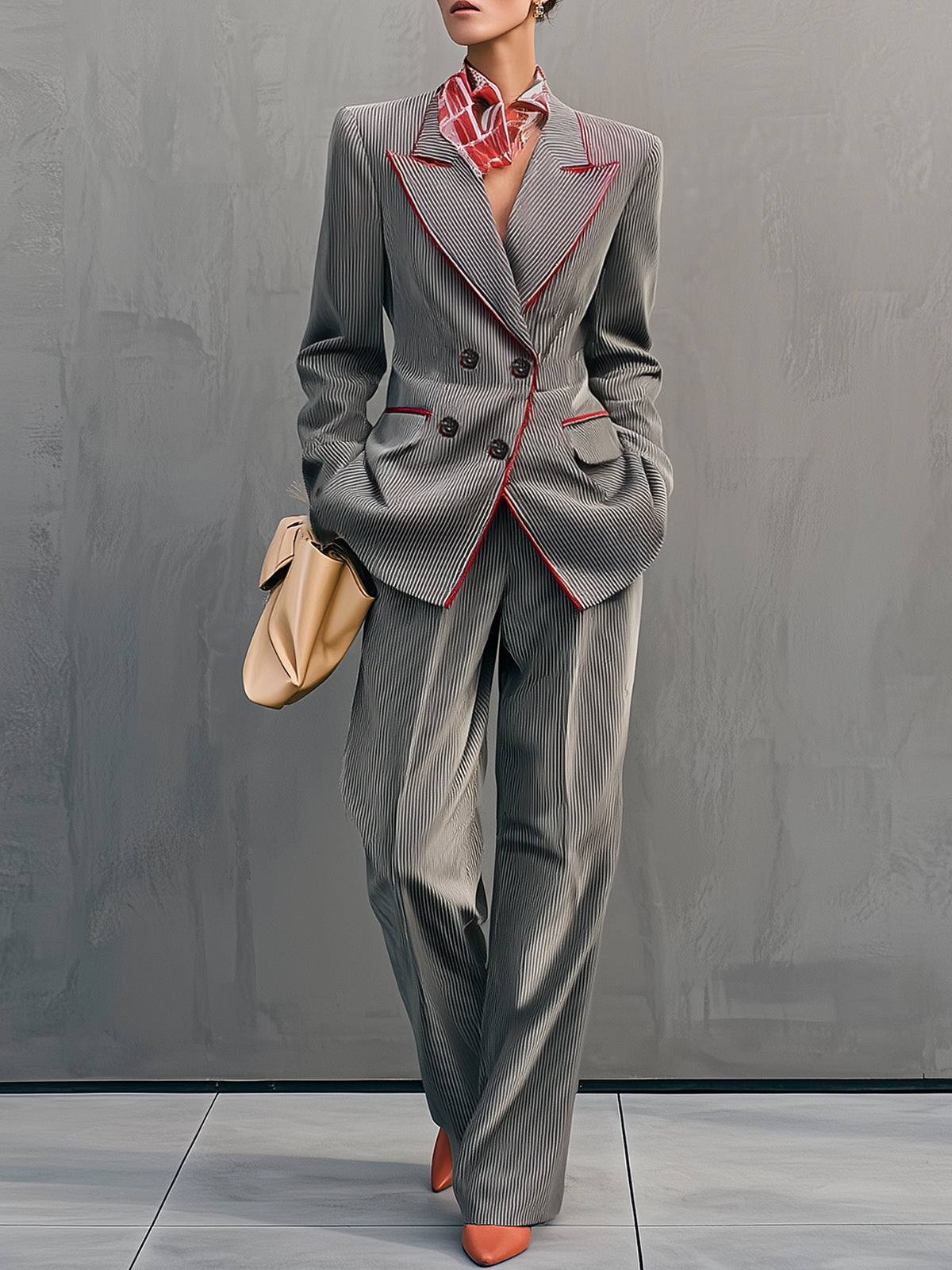 Gray Pinstripe Corduroy Suit With Red Piping