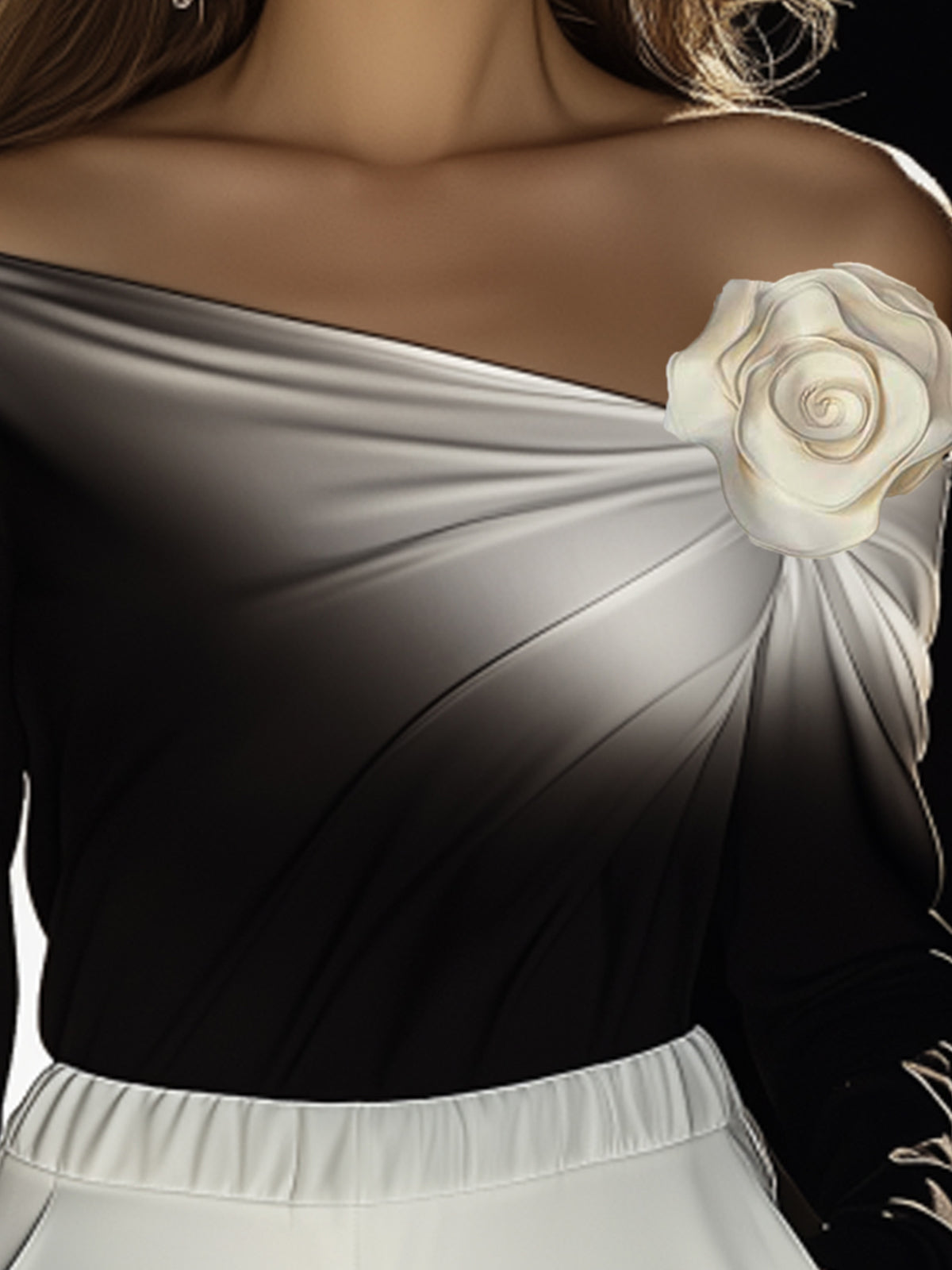 24-Hour-Shipping One-Shoulder Gradient Long-Sleeve T-Shirt With 3D Floral Embellishments
