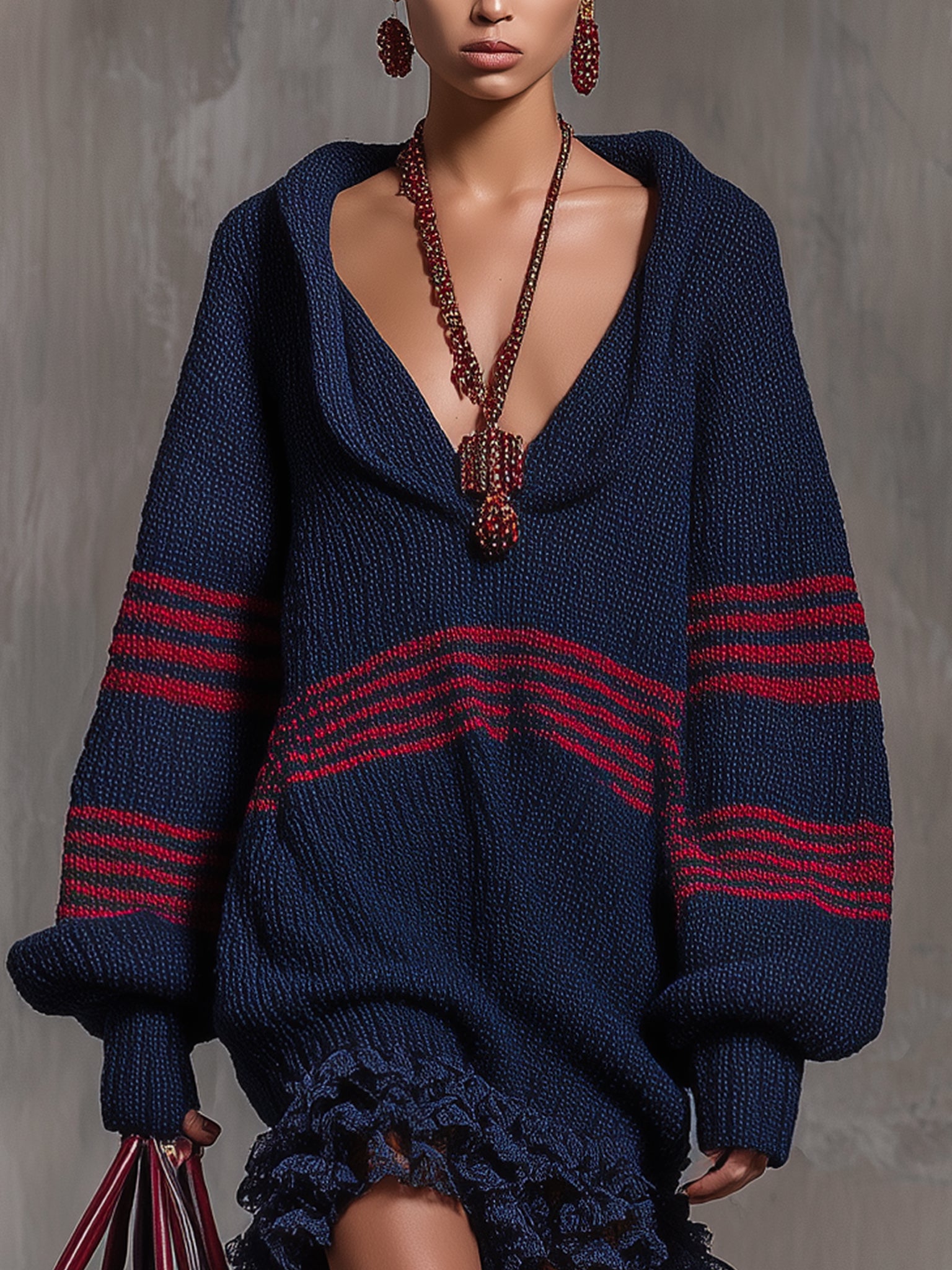 Navy Knitted Lace Hem Long Sleeve Mini Dress