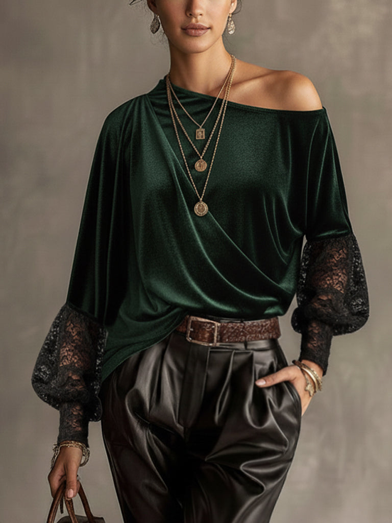 Emerald Velvet One Shoulder Lace Sleeve Top