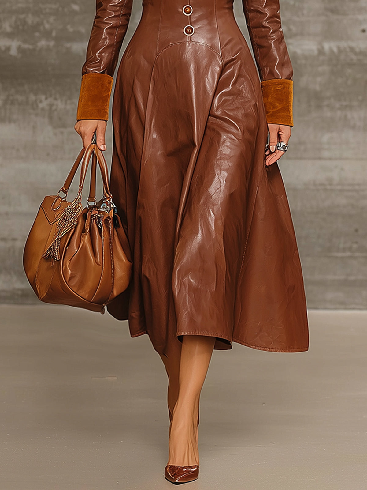 Chocolate Leather And Suede Panel Midi Dress