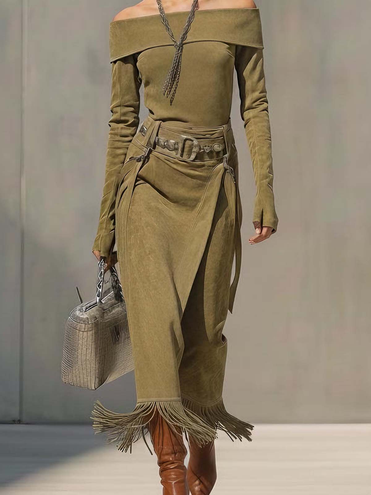 Olive Green Faux Suede Off-shoulder Tassel Side Slit Skirt Set