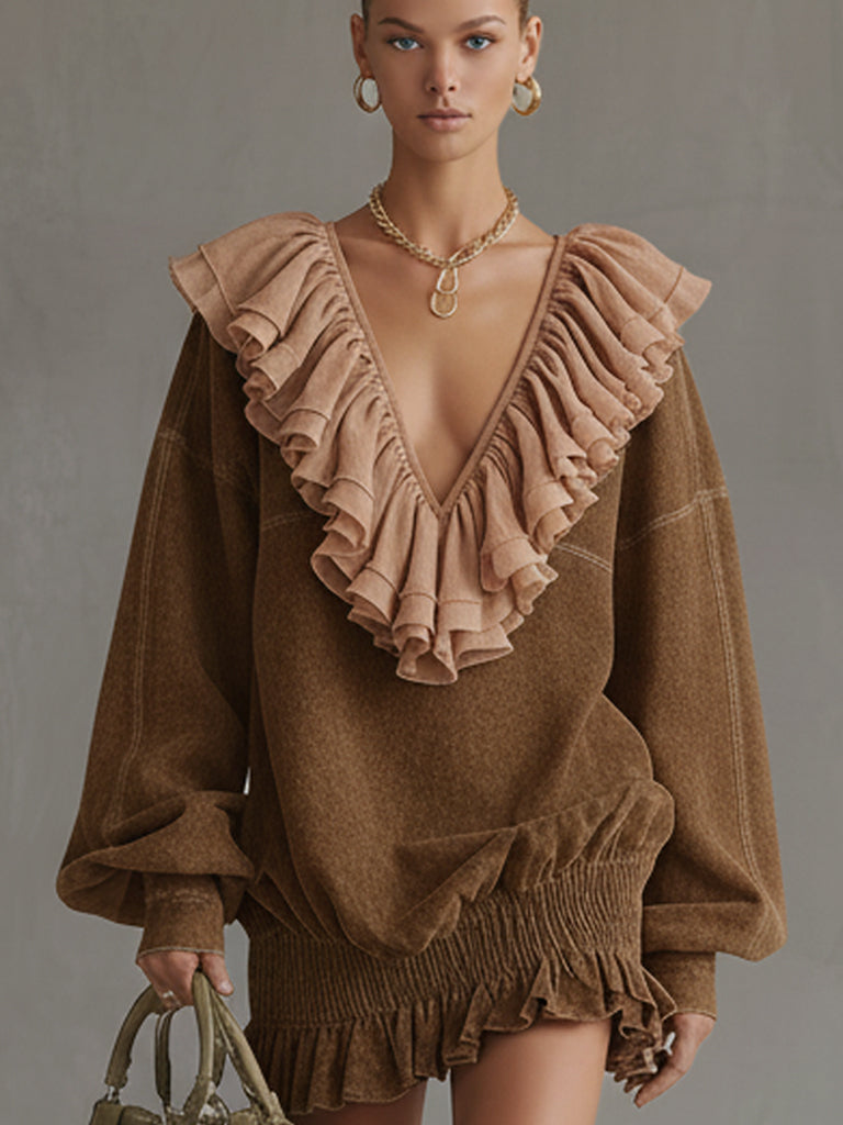 Retro Brown Washed Denim Deep V-Neck Mini Dress