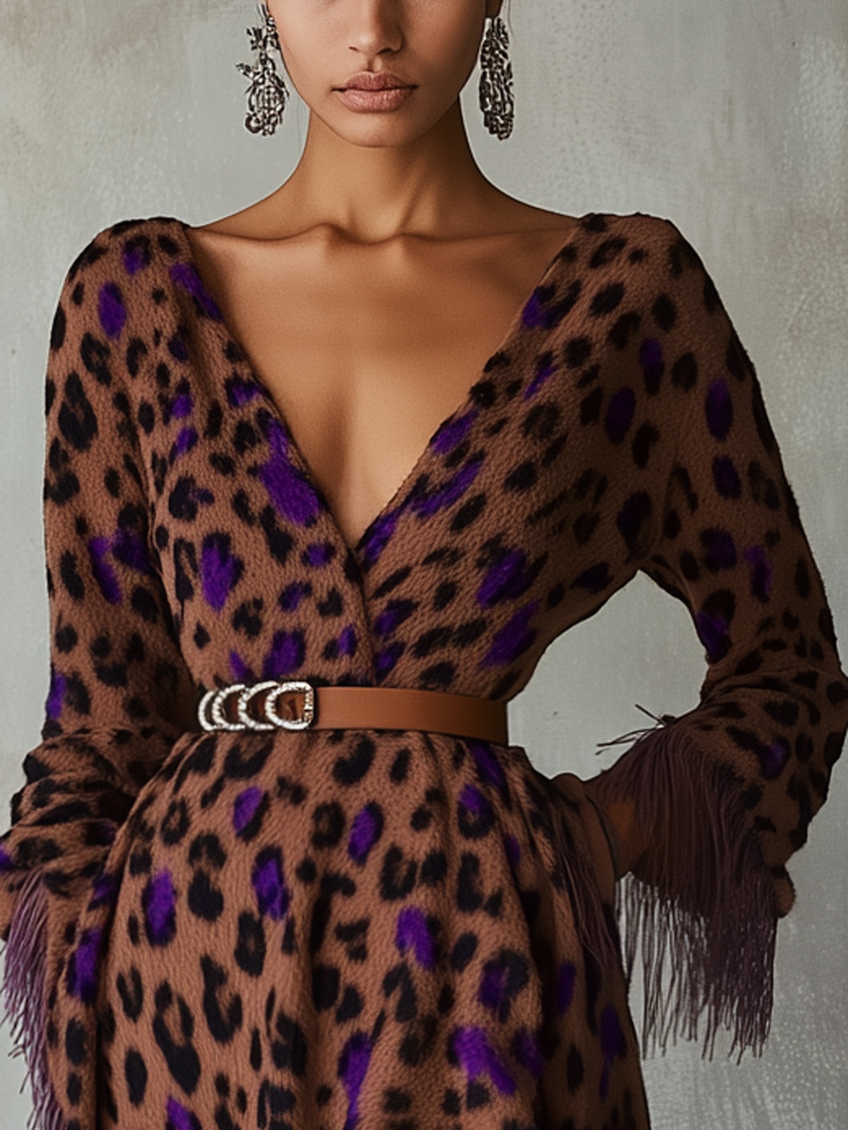 Brown Leopard Print Belted V-Neck Long Sleeved Asymmetric Mini Dress