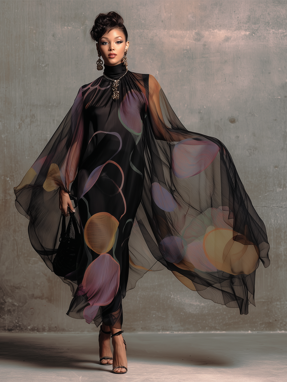 Black Midnight Bloom Sheer Chiffon Two-Piece Set