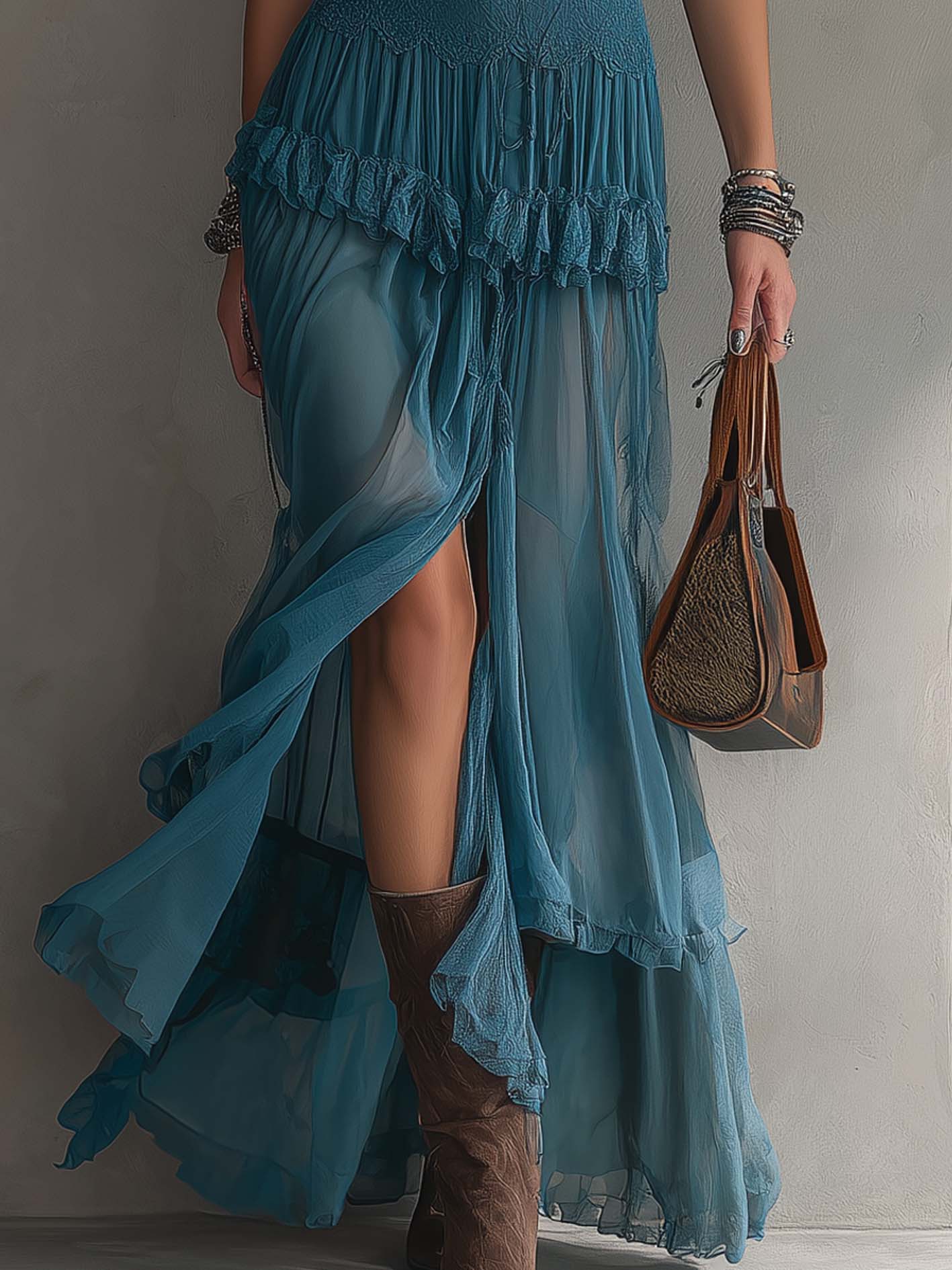 Peacock Blue Lace Chiffon Maxi Dress Women Hollow Out Ruffle
