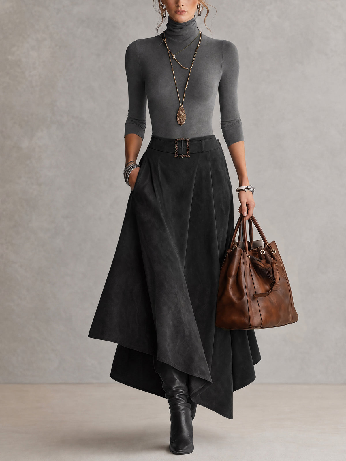 Taupe Stretch Turtleneck Top And Asymmetrical Suede Skirt Set
