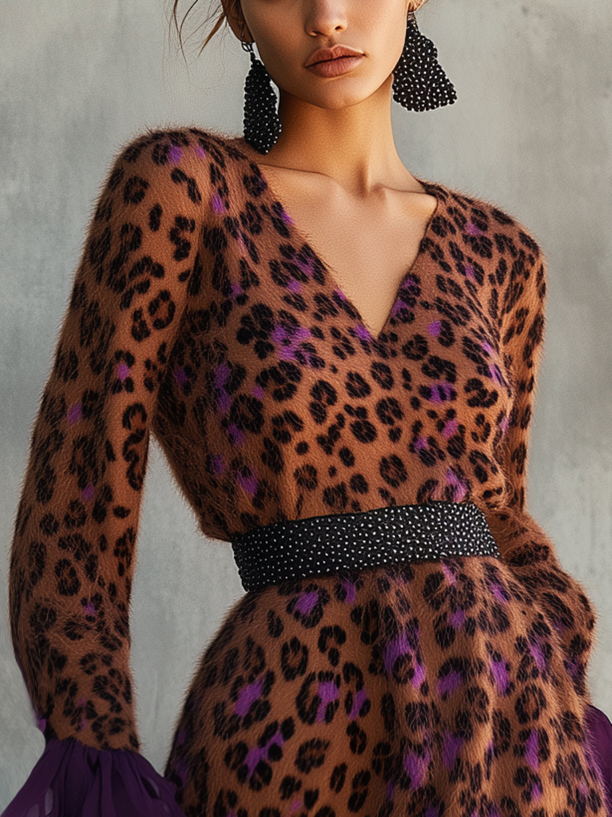 Brown Leopard Print V-Neck Waisted Long Sleeved Mini Dress