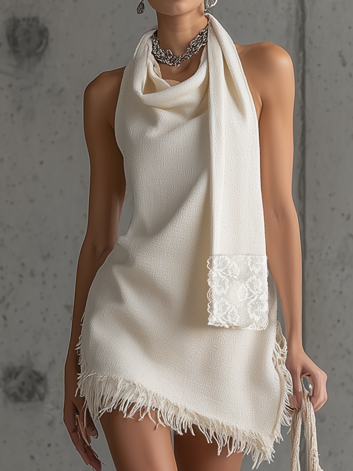 White Textured Fringe-Trim Cowl Neck Mini Dress