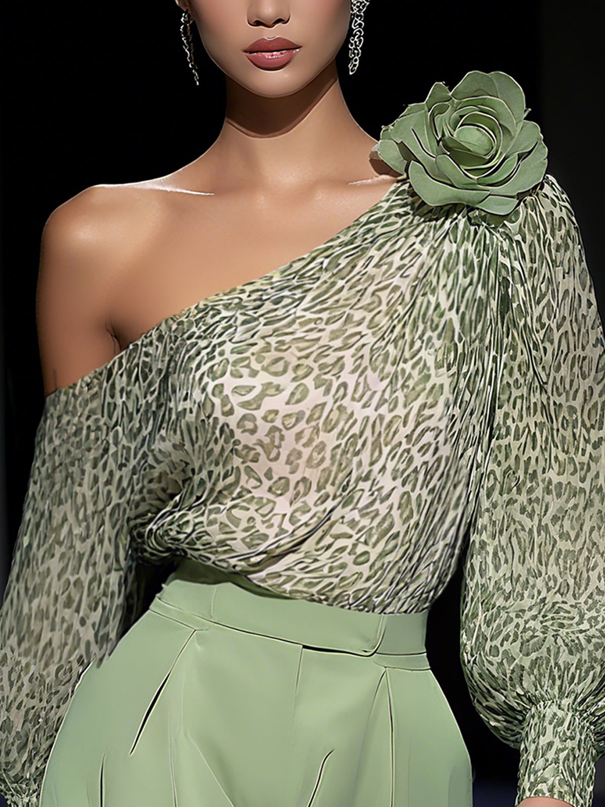 One-Shoulder Green Leopard Print Chiffon Blouse With Floral Accent