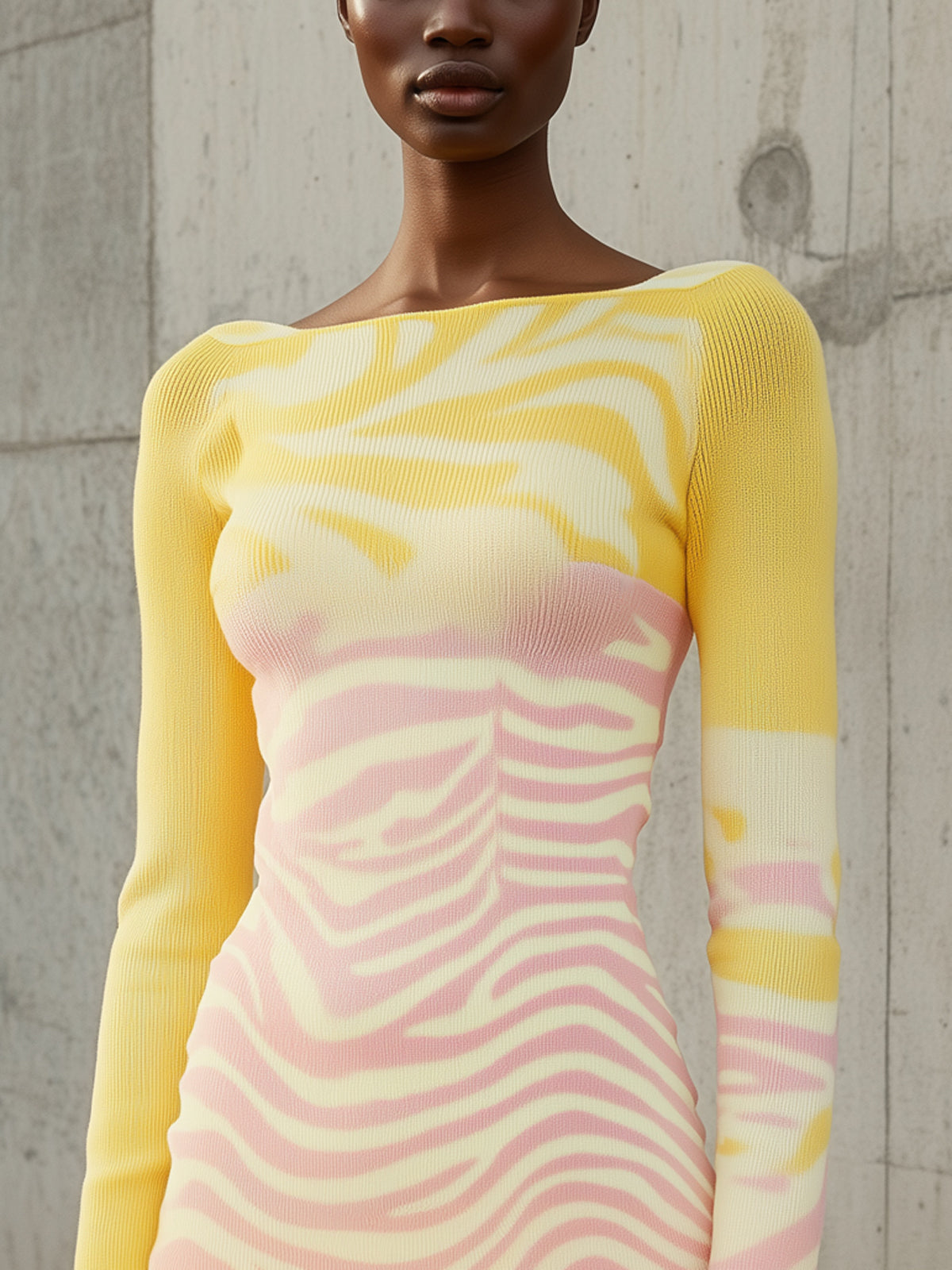 Yellow And Pink Ombre Knit Bodycon Boatneck Long Sleeve Mini Dress