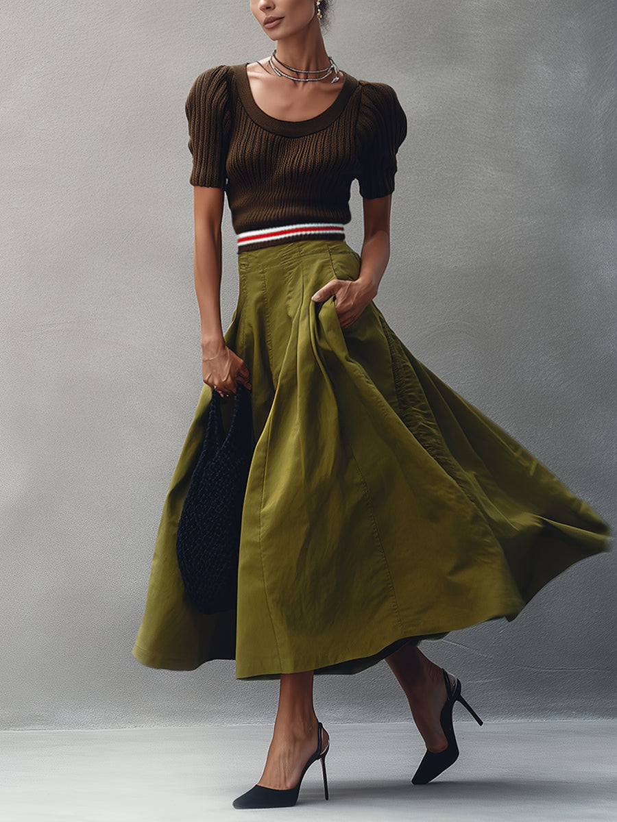 Brown Knit Top And Green Flare Skirt Set