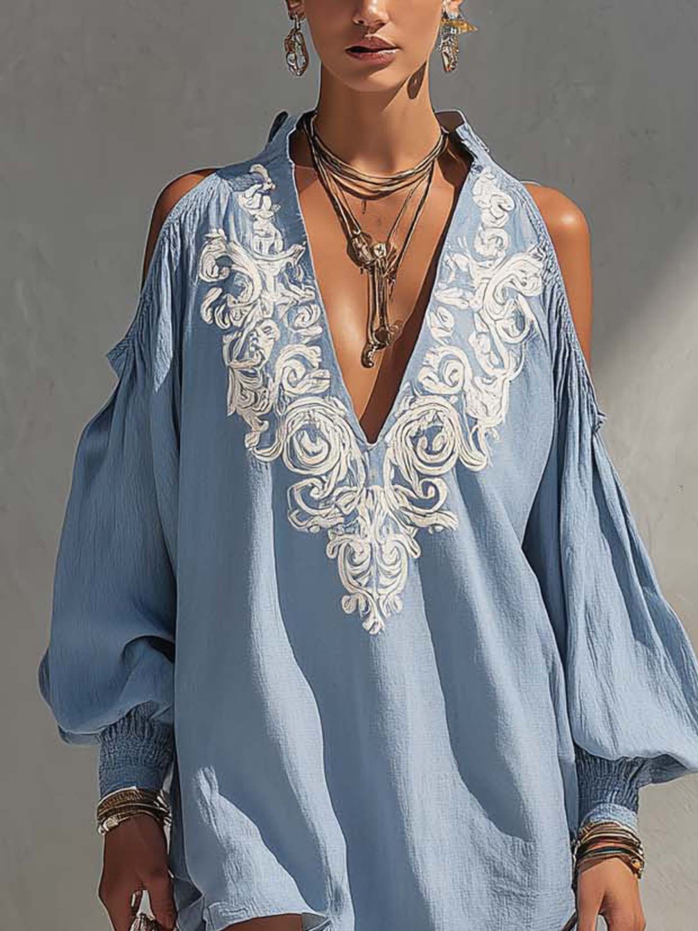 Blue Cotton Linen Mini Dress With Baroque Embroidered V-Neck