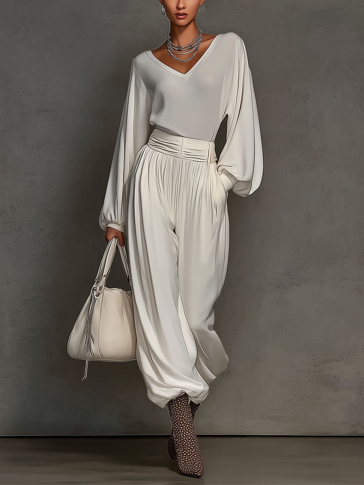Beige Chiffon Puff Sleeve Suit With Wide-leg Trousers