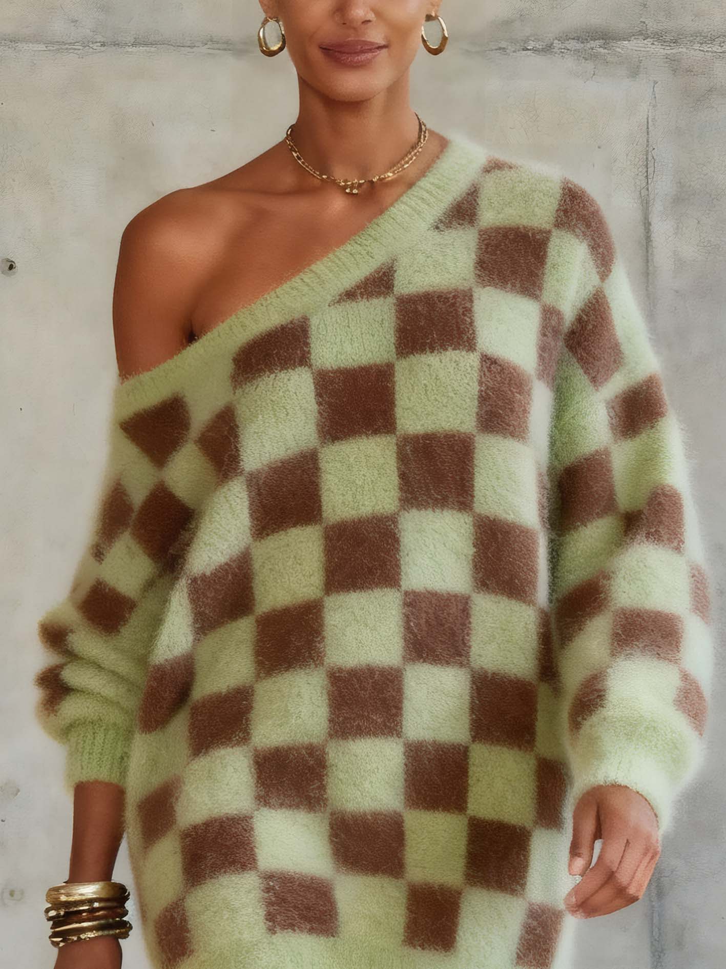 One Shoulder Plaid Light Green Mohair Knitted Mini Dress
