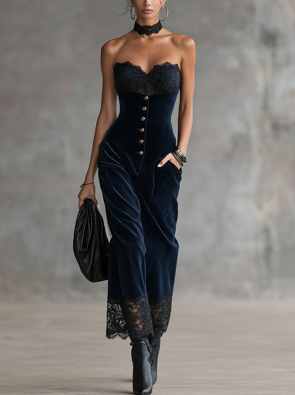 Blue Velvet Strapless Maxi Dress With Lace And Button‑Front Detail