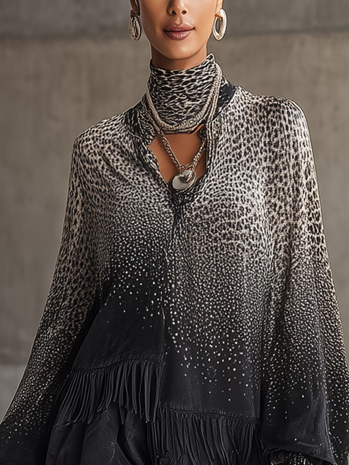 Black Ombre Leopard Print Faux Suede Dress And Fringe Hem