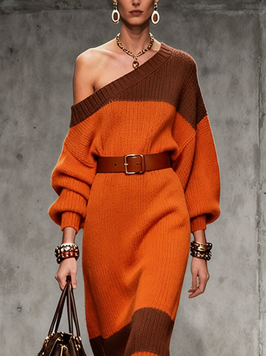 Orange And Brown Asymmetrical Knit Dress With Belted Waist