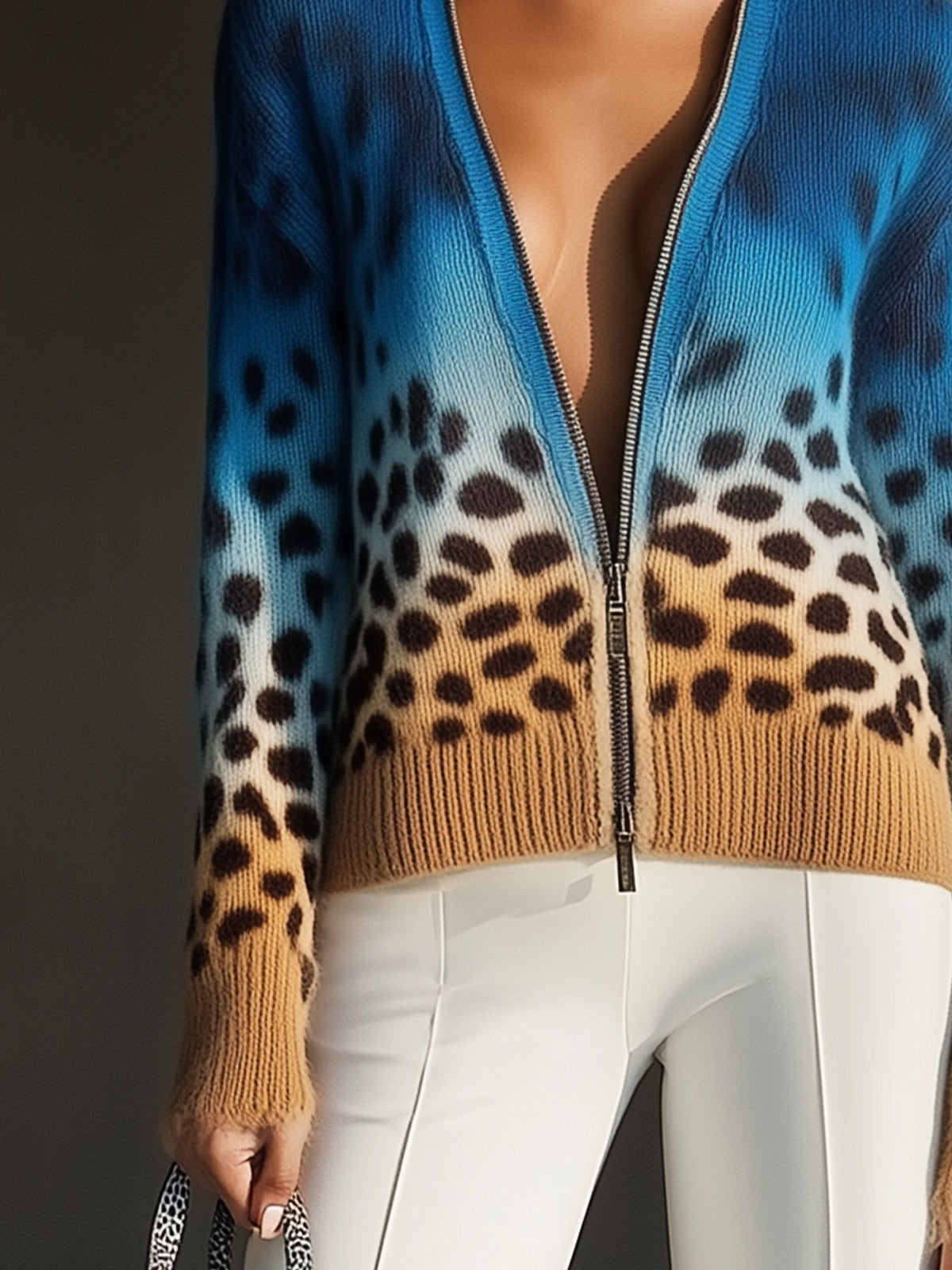 Ombre Leopard Print Zip Up Knit Cardigan